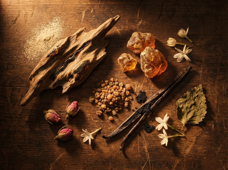 Matières premières de parfumerie – oud, ambre, rose, vanille