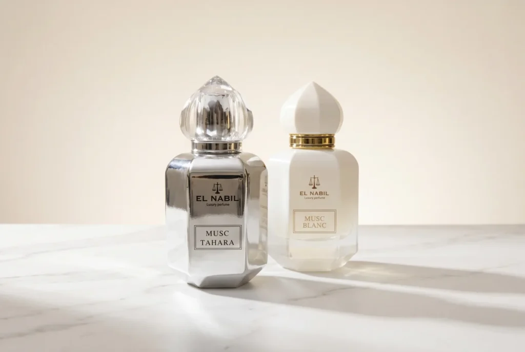 Musc Blanc et Musc Tahara El Nabil côte à côte, eaux de parfum 65 ml