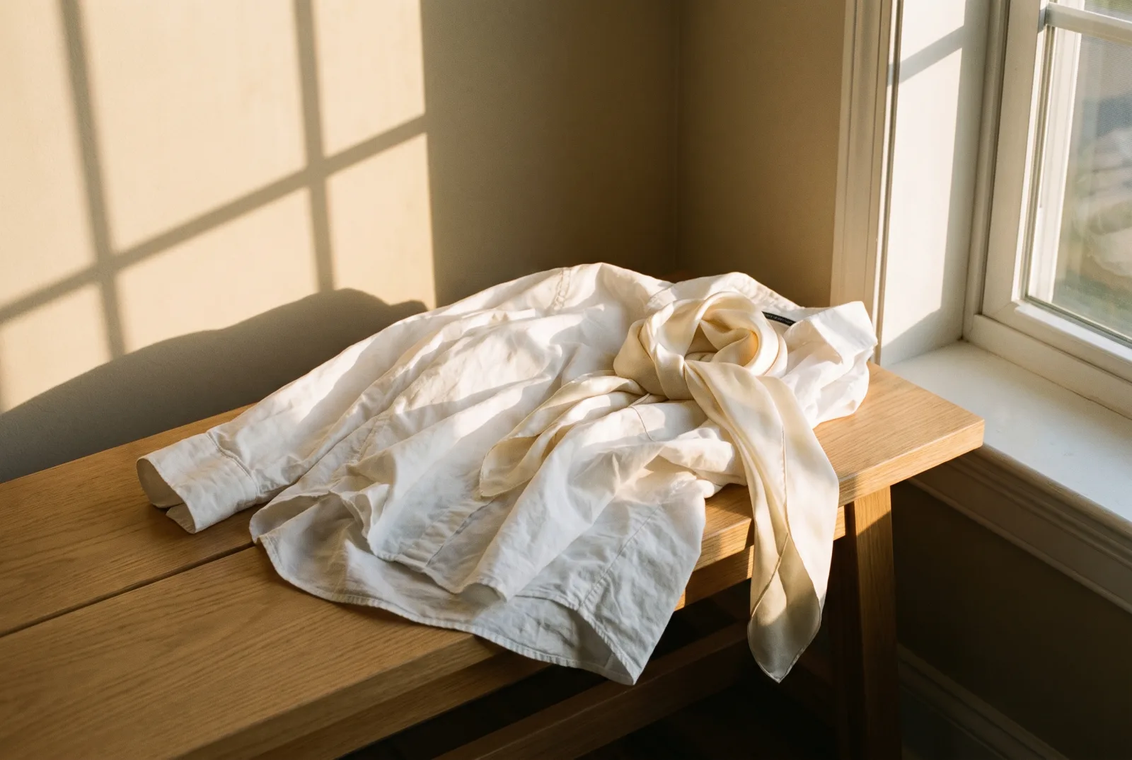 Chemise en coton blanc et foulard de soie, matières sur lesquelles le musc tient plusieurs jours