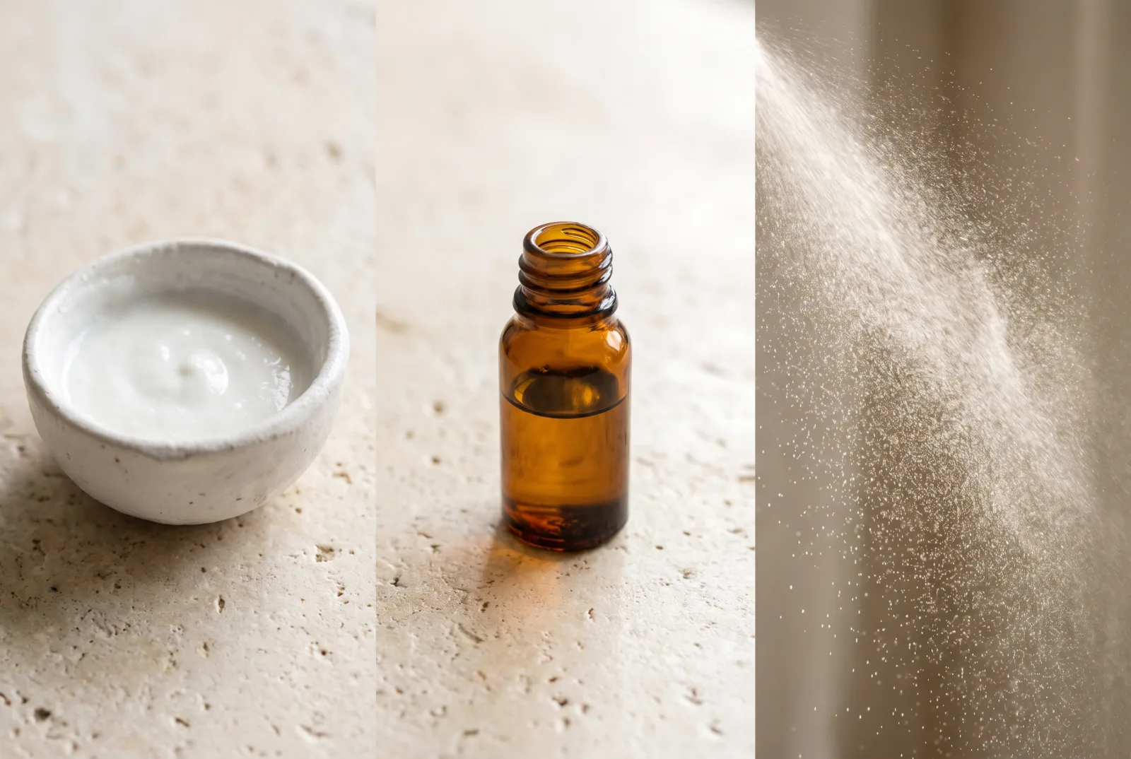 Musc en pâte, huile de musc et brume de vaporisateur côte à côte