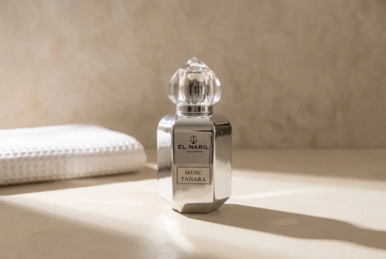 Musc Tahara El Nabil, eau de parfum 65 ml, posée sur un plan de tadelakt