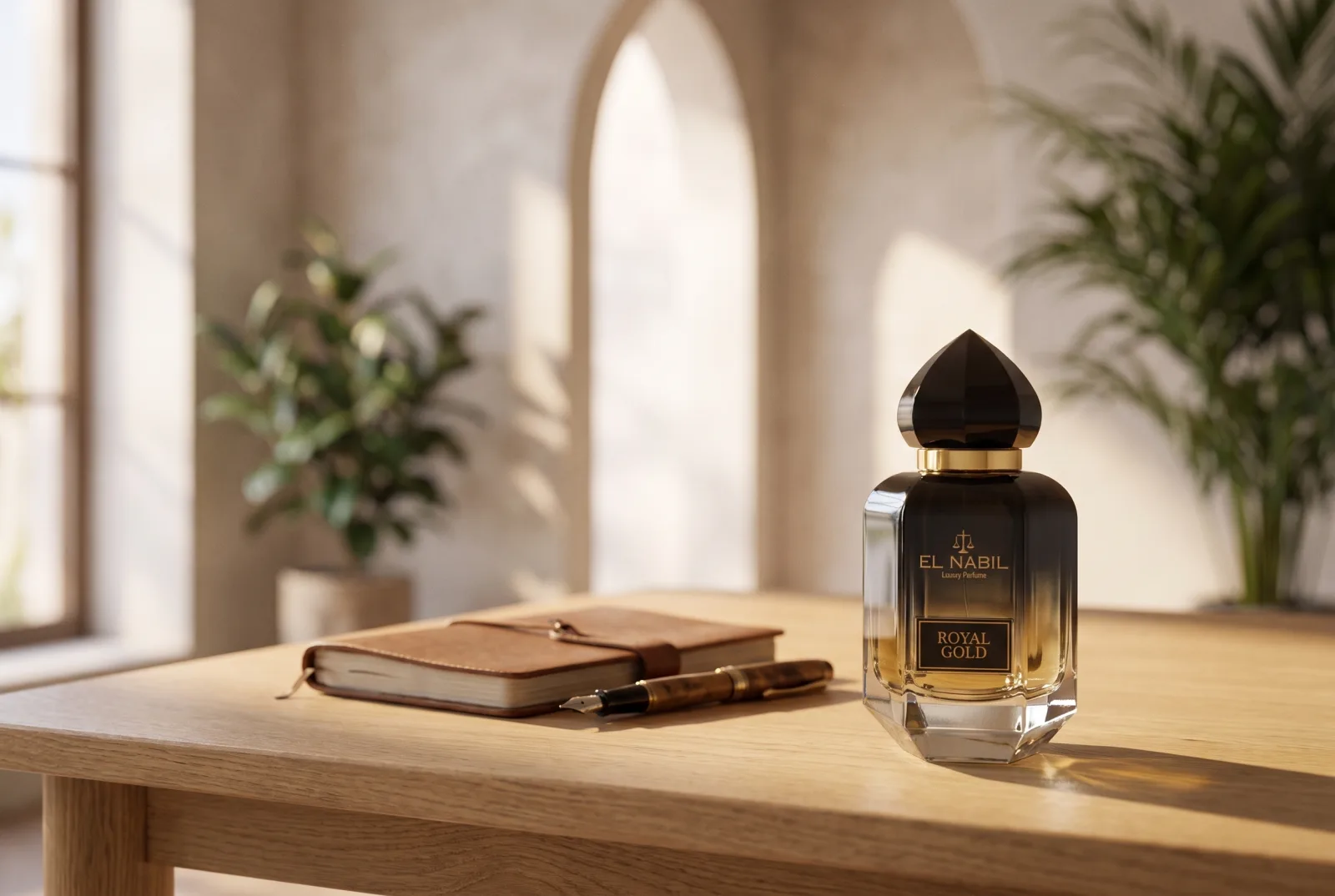 Royal Gold El Nabil, eau de parfum 65 ml, posée sur un bureau en bois clair